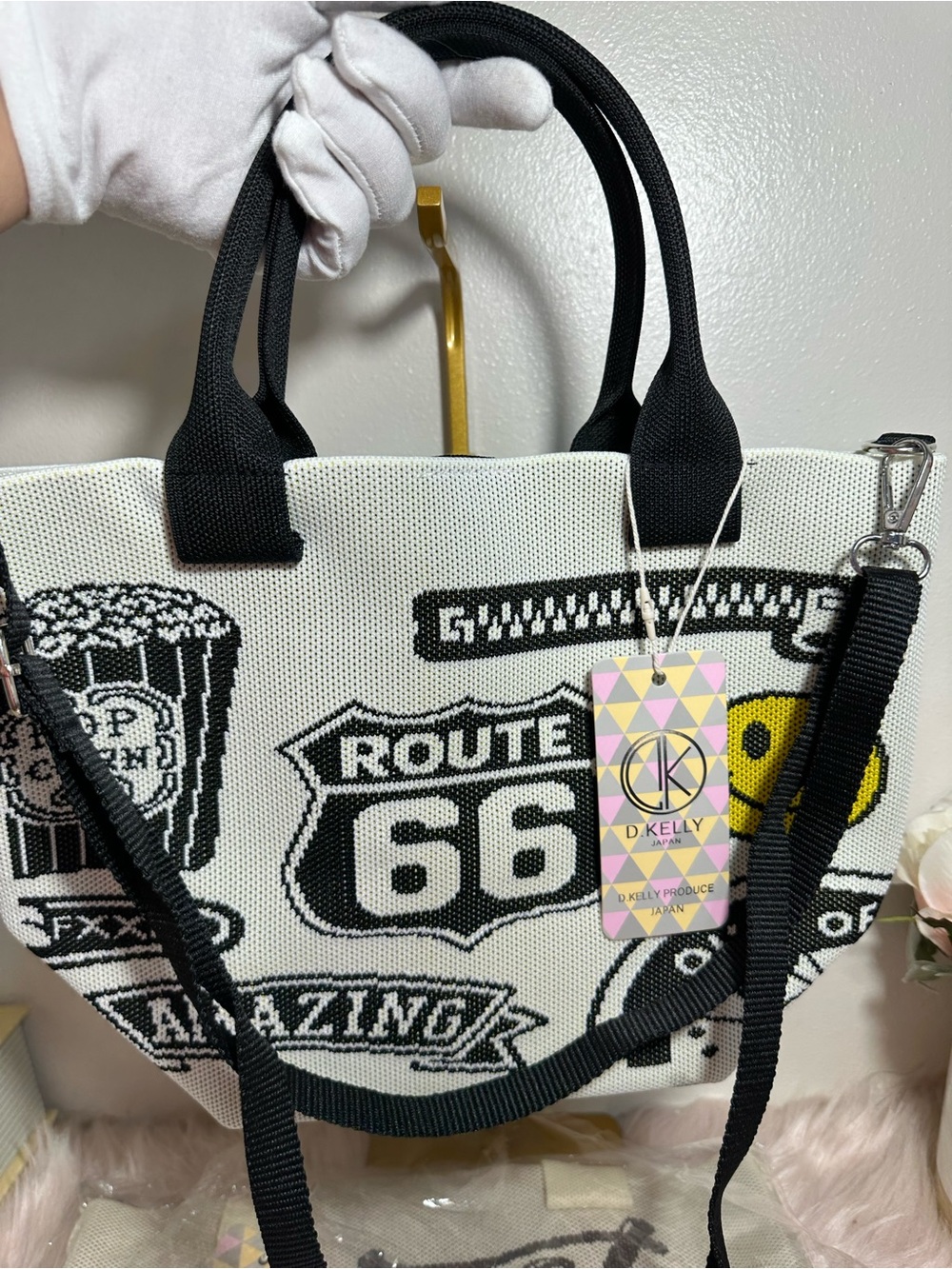 D.Kelly Japan Black & White Route 66 Knit Tote Bag